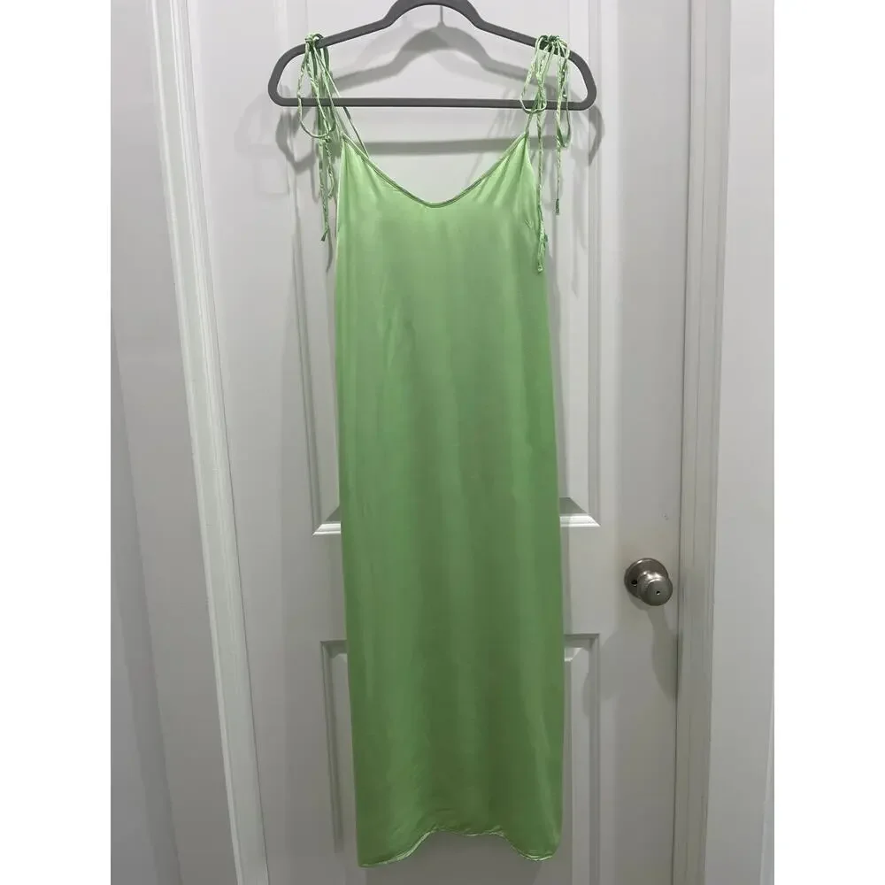 & Other Stories Shoulder Tie Midi Slip Dress in Green Sz 6